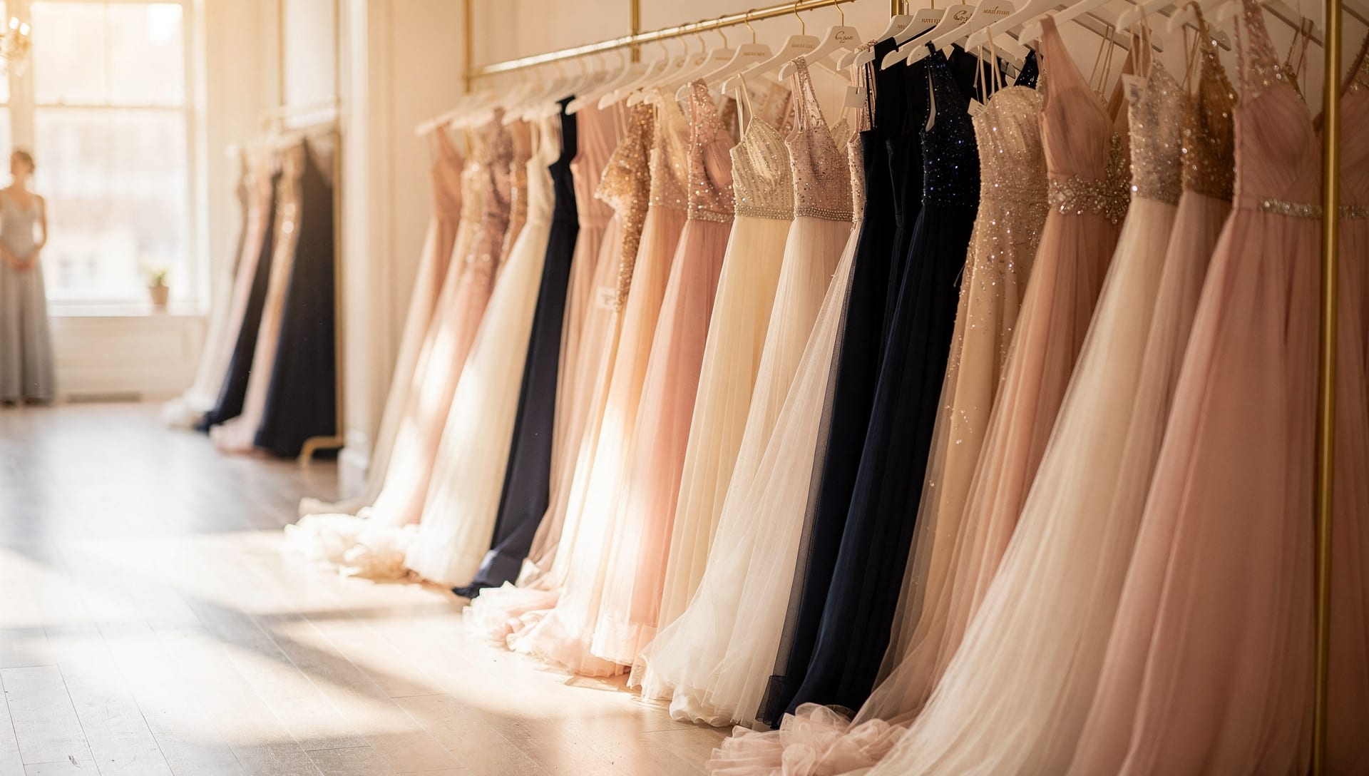 A row of luminous floor-length gowns receding down an aisle of light in the boutique