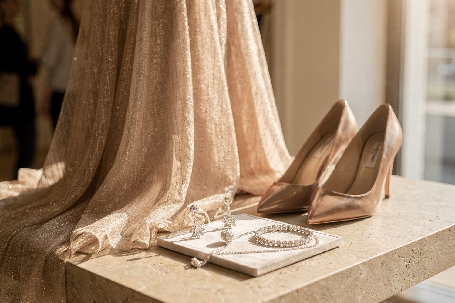 A champagne sequinned gown draped beside satin heels and fine jewelry on a marble ledge